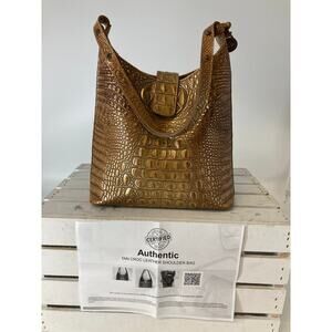 BRAHMIN BROWN AND GOLD SHIMMER CROCK LEATHER SHOULER BAG